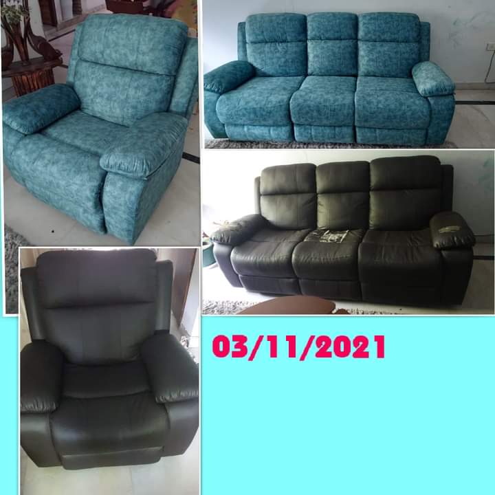 Before-and-after photos showcase sofa repair expertise and transformation.